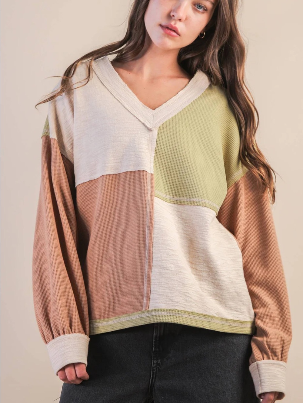 New In Green Brown Colorblock Cotton Waffle Knit Oversized Vneck Sweater Large